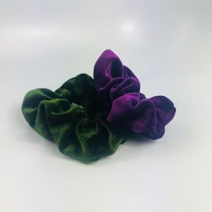 Two Washable Purple and Green Velvet Scrunchies